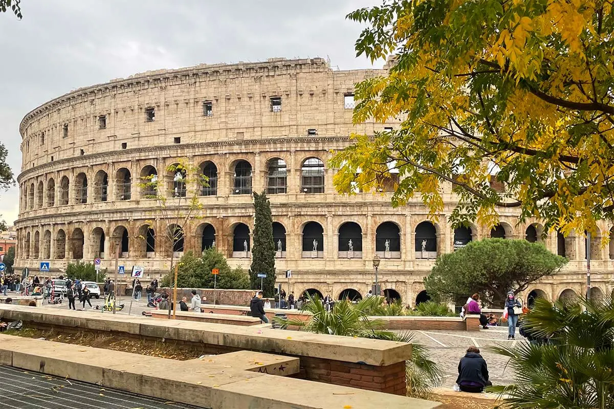 Colosseum with colorful autumn foliage in November