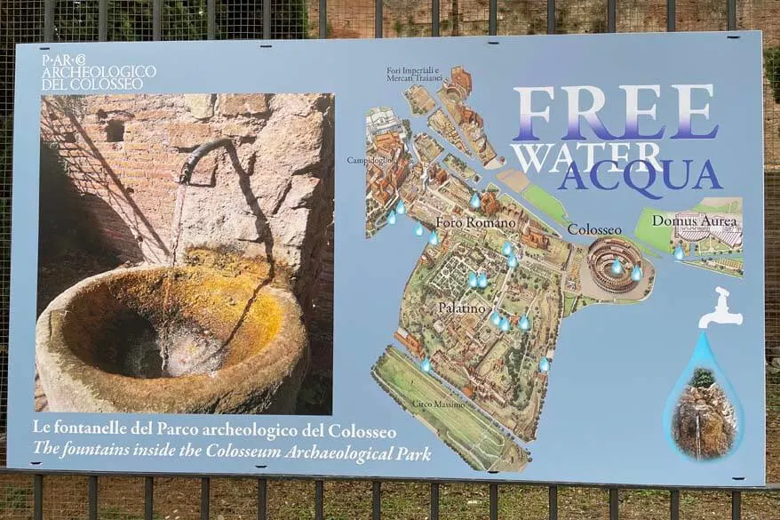 Free water sign and map of the drinking fountains at the Palatine Hill in Rome
