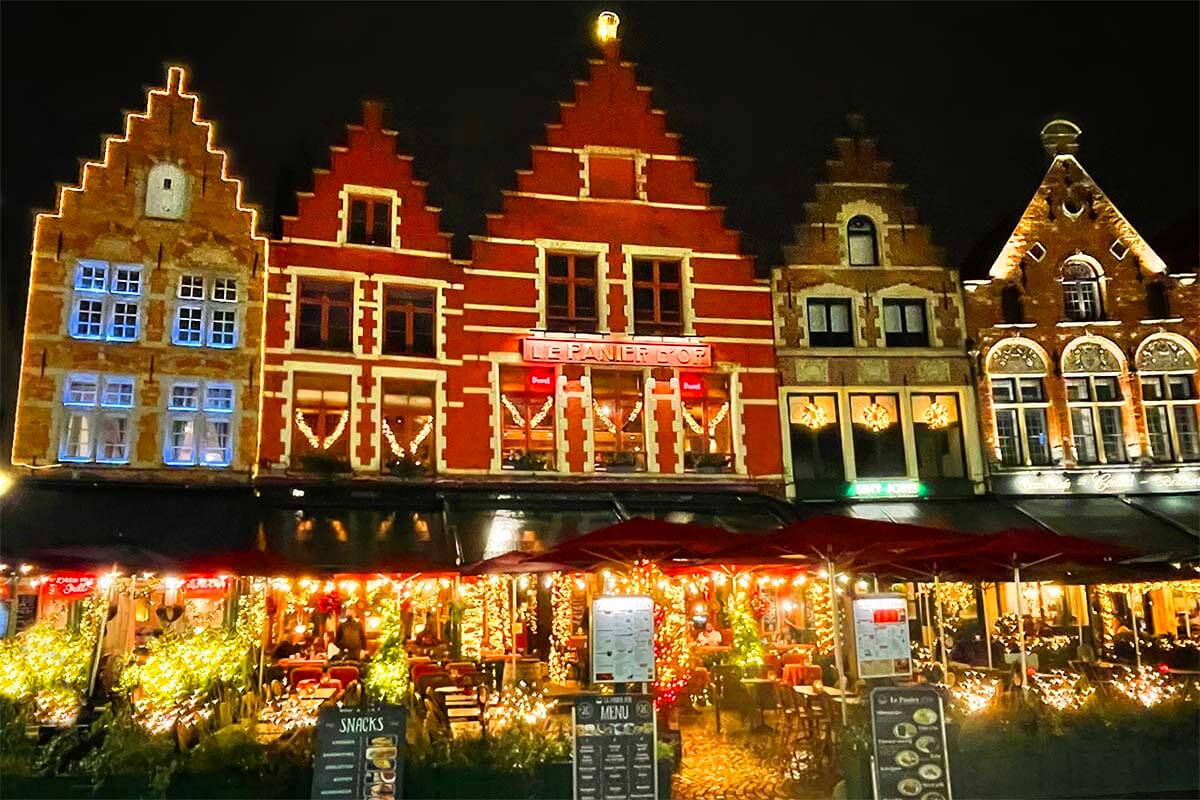 Colorful buildings of the Markt Square in Bruges at Christmas