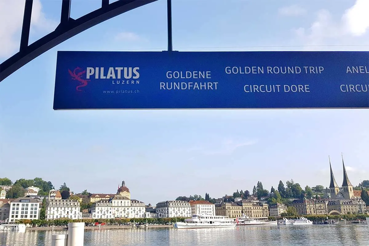 Pilatus Golden Round Trip sign at Lucerne boat terminal