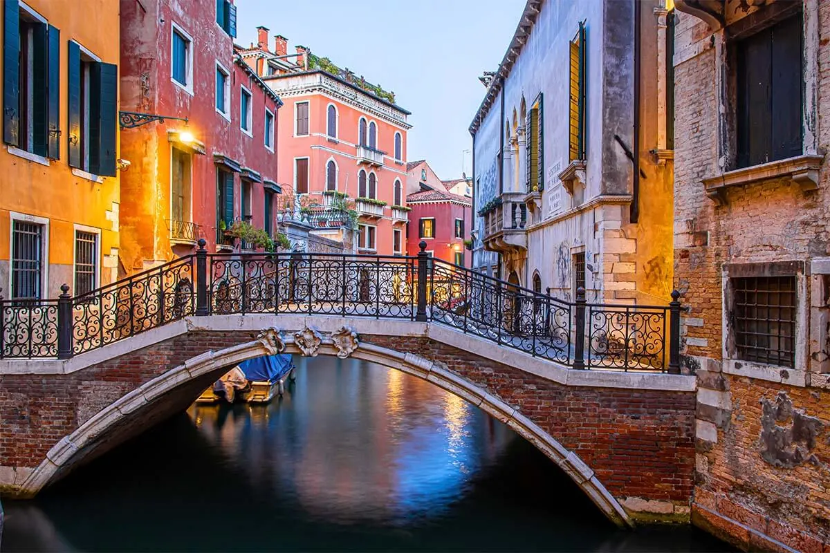 Venice canals lit in the evening