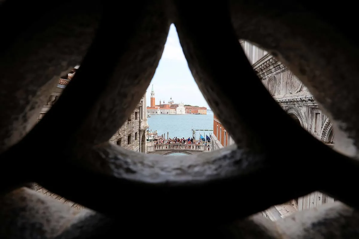 View from the inside of the Bridge of Sighs in Venice