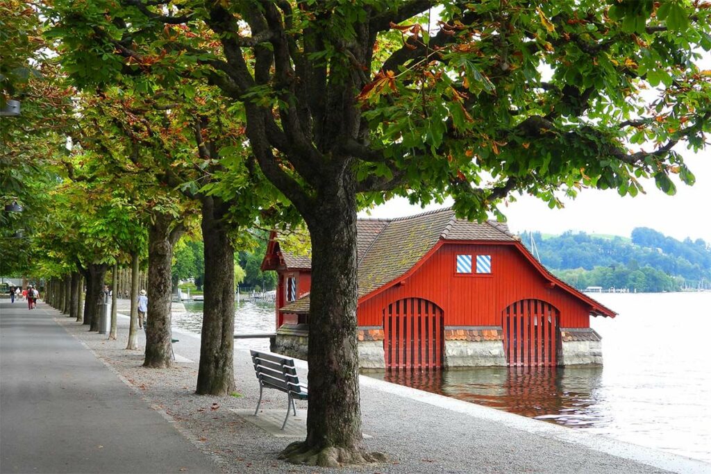 Lucerne lakeside promenade and a red boathouse