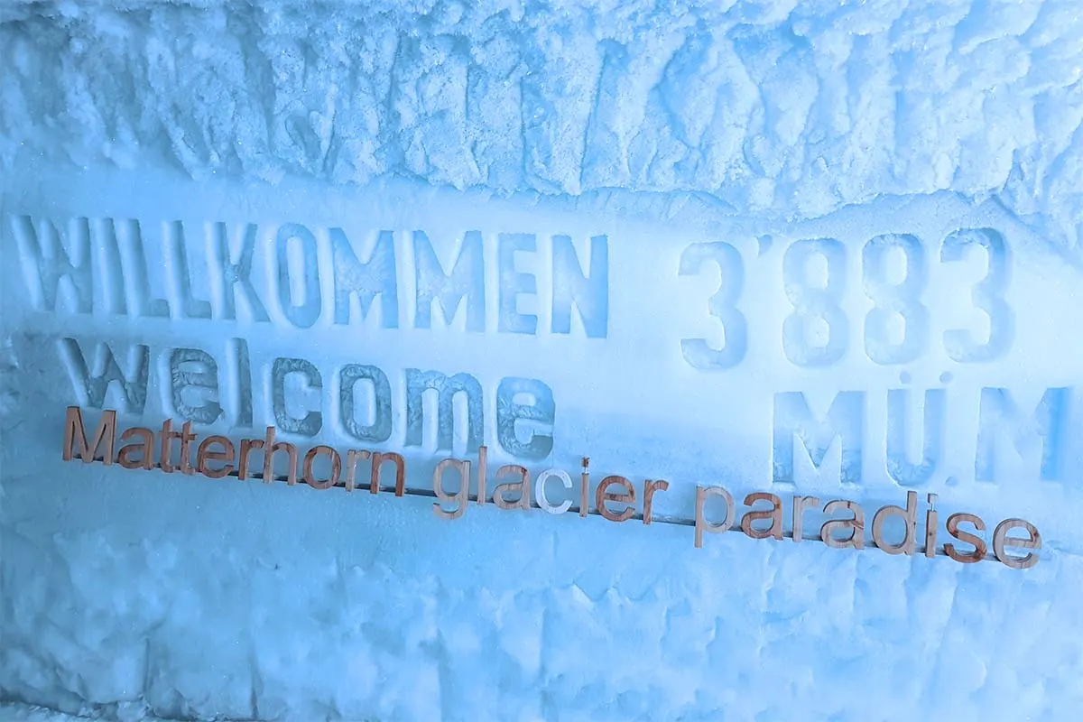 Matterhorn Glacier Paradise sign carved in ice inside the Glacial Palace