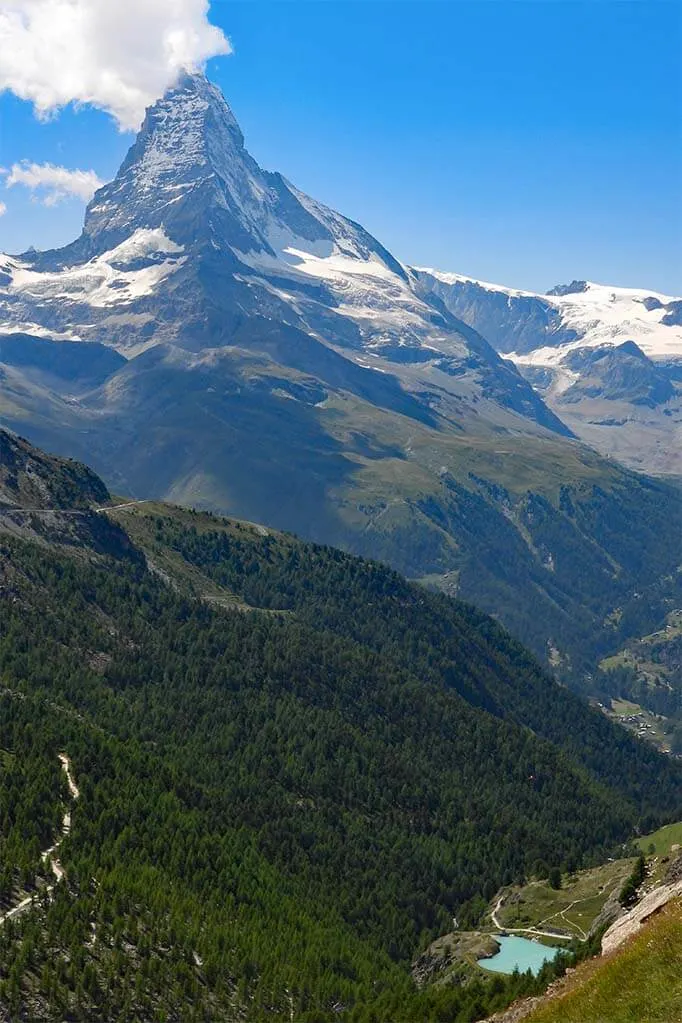 Matterhorn and Moosjisee as seen from 5 Lakes hiking trail near Zermatt