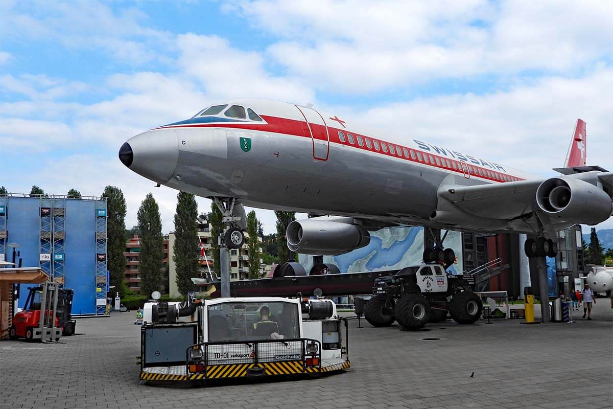 Real-size airplane at the Swiss Museum of Transport in Lucerne Switzerland