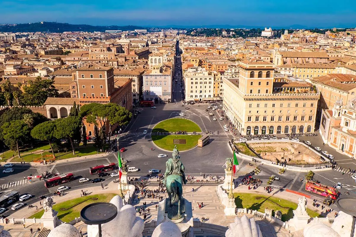 Rome city view from the top of the Altar of the Fatherland on Piazza Venezia