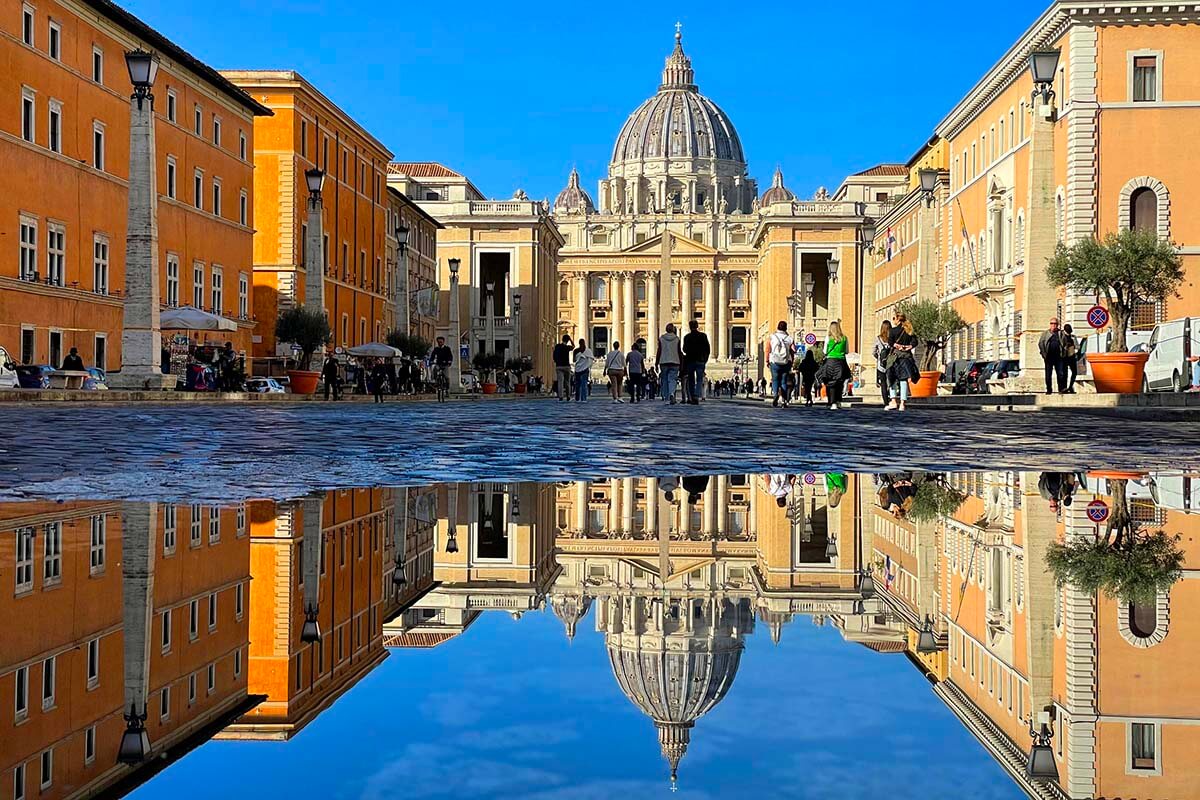 St Peter's Basilica reflections Vatican view from Via della Conciliazione