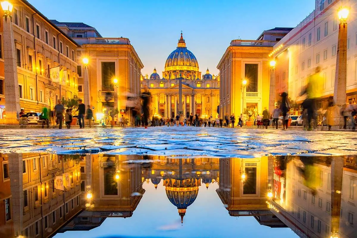 St Peter's Basilica reflections view from Via della Conciliazione in Rome