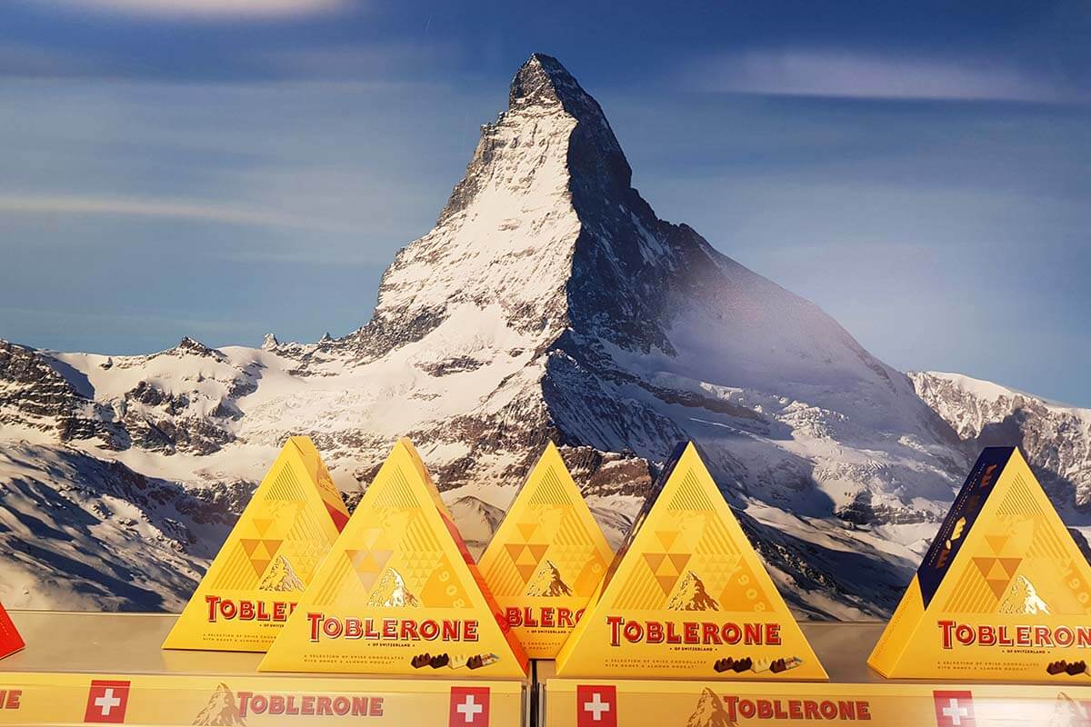 Matterhorn-shaped Swiss Toblerone chocolate at a souvenir shop in Zermatt