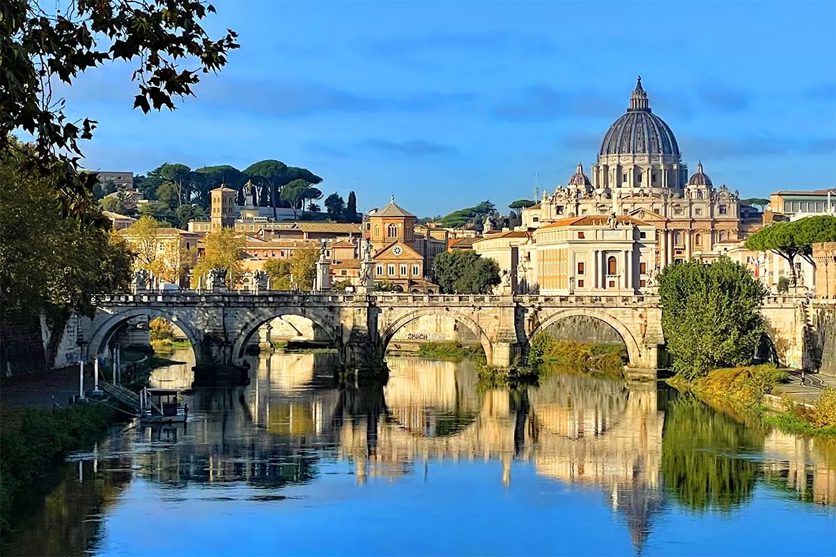 Vatican and St Angelo bridge seen from Umberto bridge - one of the most photographed views in Rome, Italy