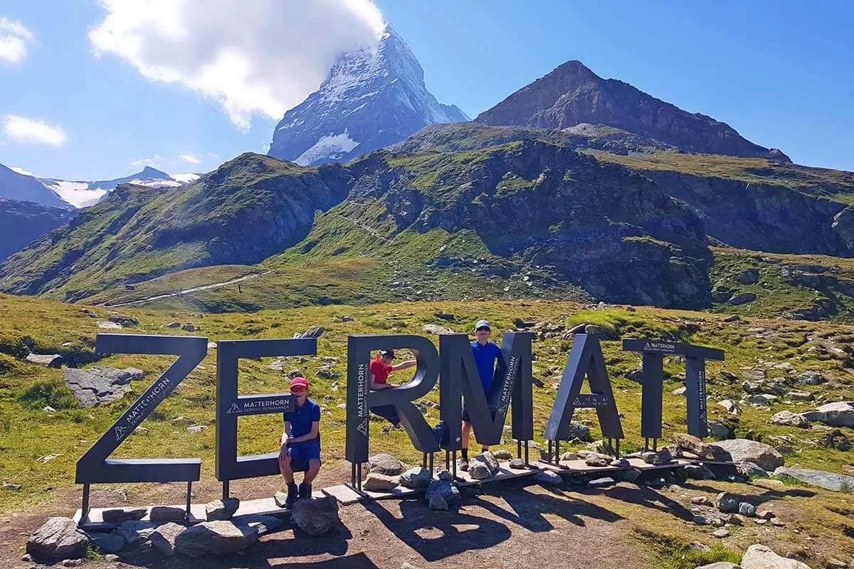 ZERMATT sign and the Matterhorn at Schwarzsee in Zermatt Switzerland