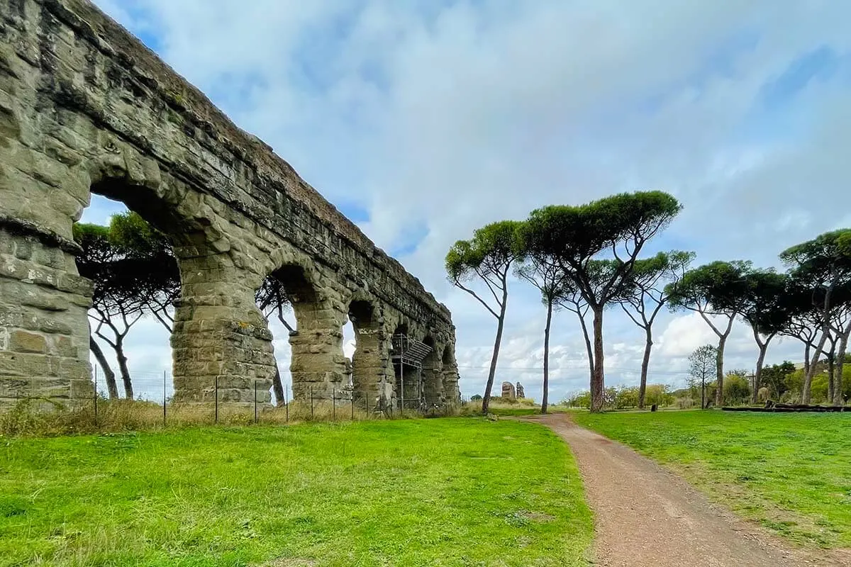Ancient Roman aqueduct at Parco degli Acquedotti in Rome