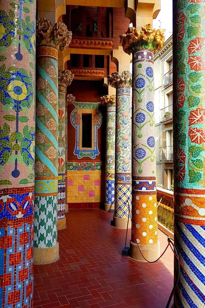 Colorful columns on the balcony of Palau de la Musica Catalana in Barcelona