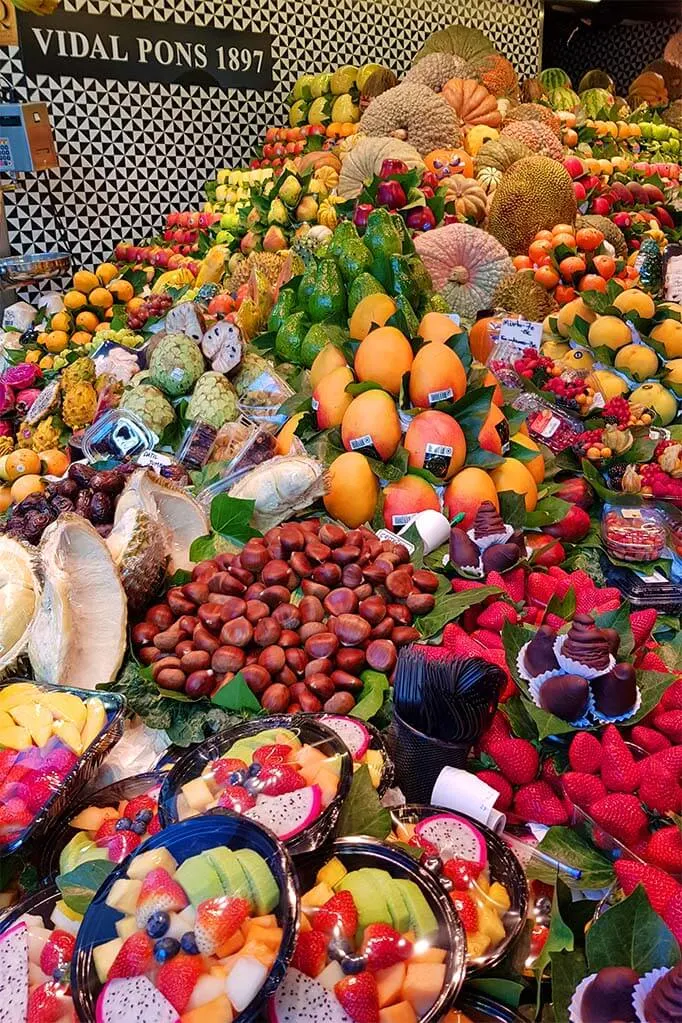Colorful fruit stand at Boqueria Market in Barcelona