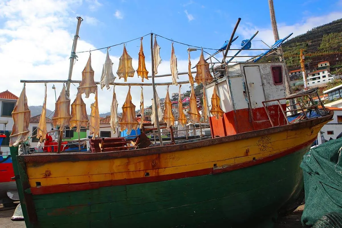 Fish drying on an old fishing boat in Câmara de Lobos in Madeira