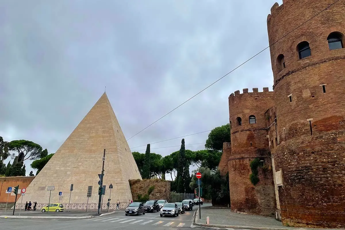 Pyramid of Caius Cestius and Porta San Paolo ancient sites in Rome