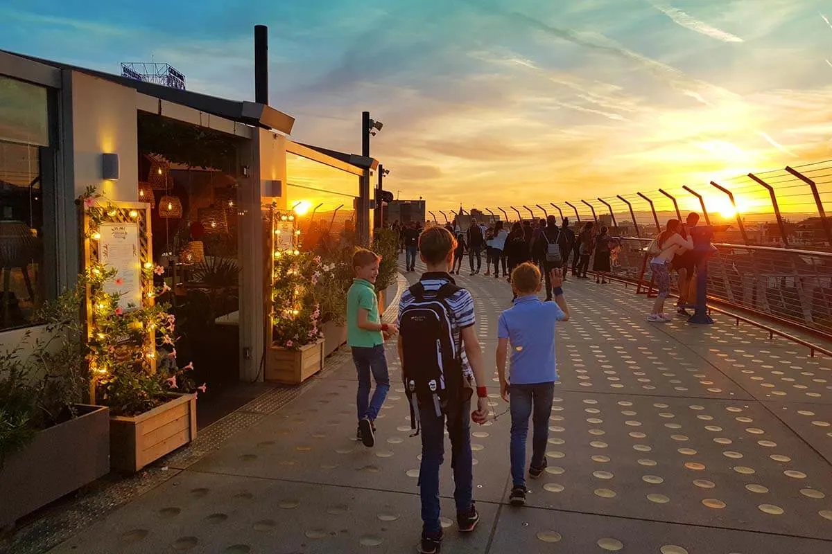 Rooftop viewing platform of Arenas de Barcelona at sunset