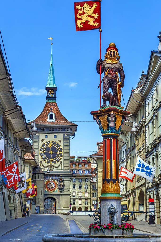 Zähringerbrunnen fountain and Zytlogge clock tower in Bern Switzerland