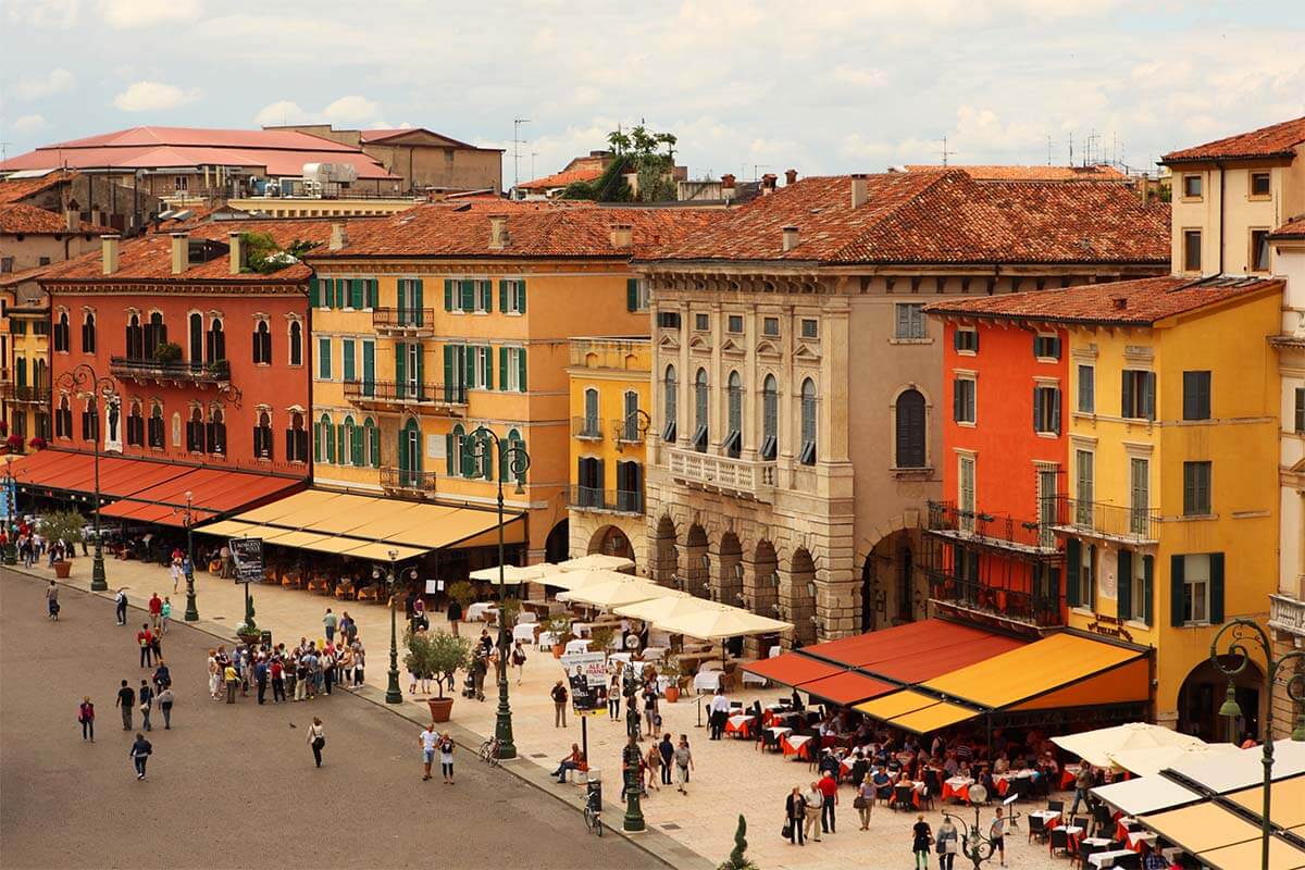 Colorful buildings on Piazza Bra in Verona