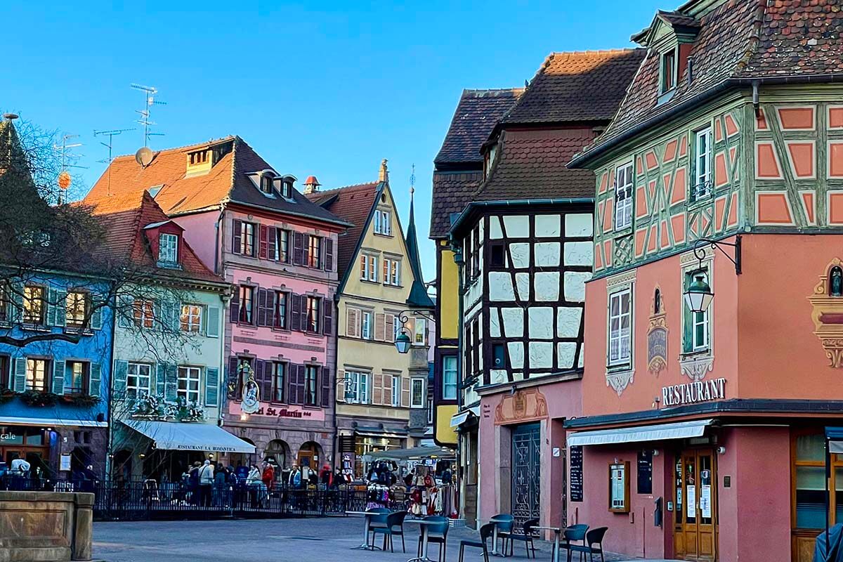 Colorful half-timbered houses on Place de l'Ancienne Douane in Colmar France