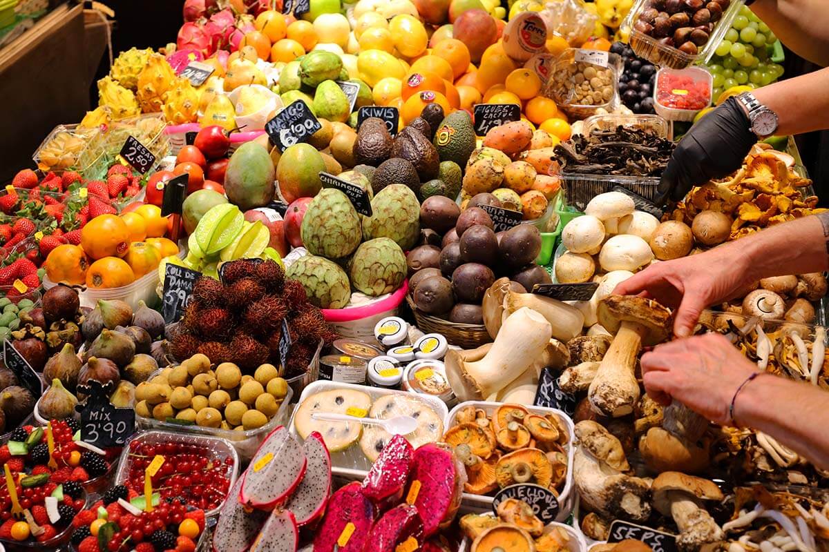Fruit and vegetable market stand at Mercado la Boqueria in Barcelona