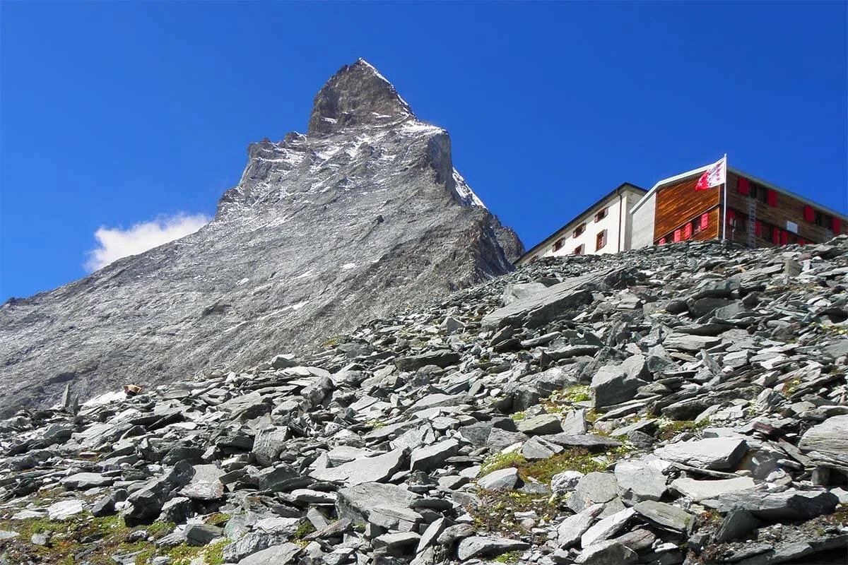 Hornlihutte at the foot of the Matterhorn in Zermatt Switzerland