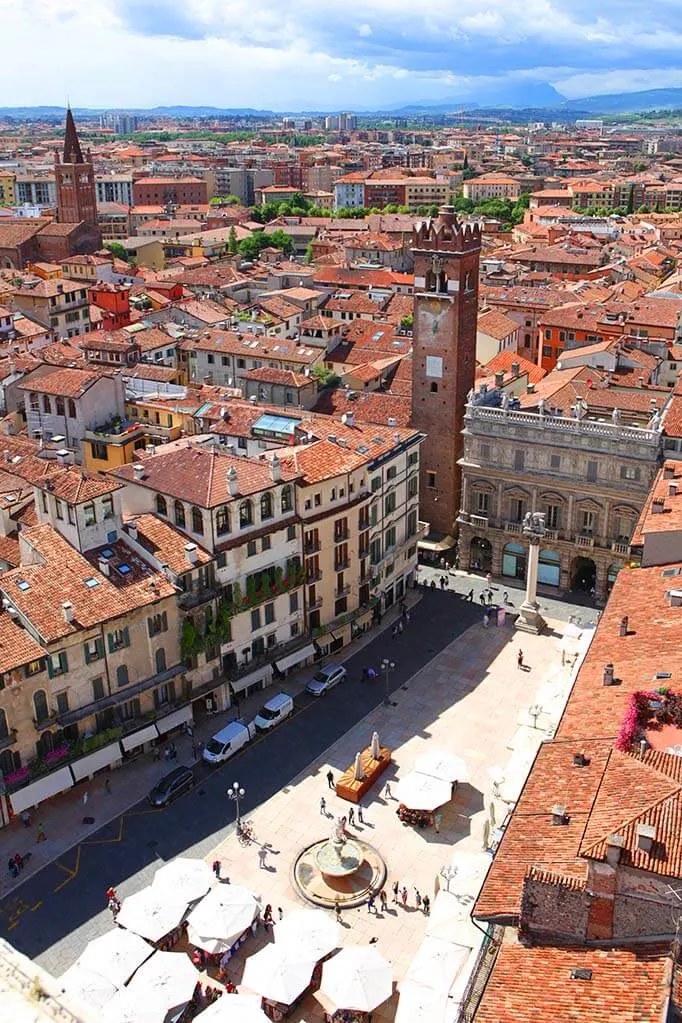 Piazza delle Erbe in Verona as seen from Lamberti Tower