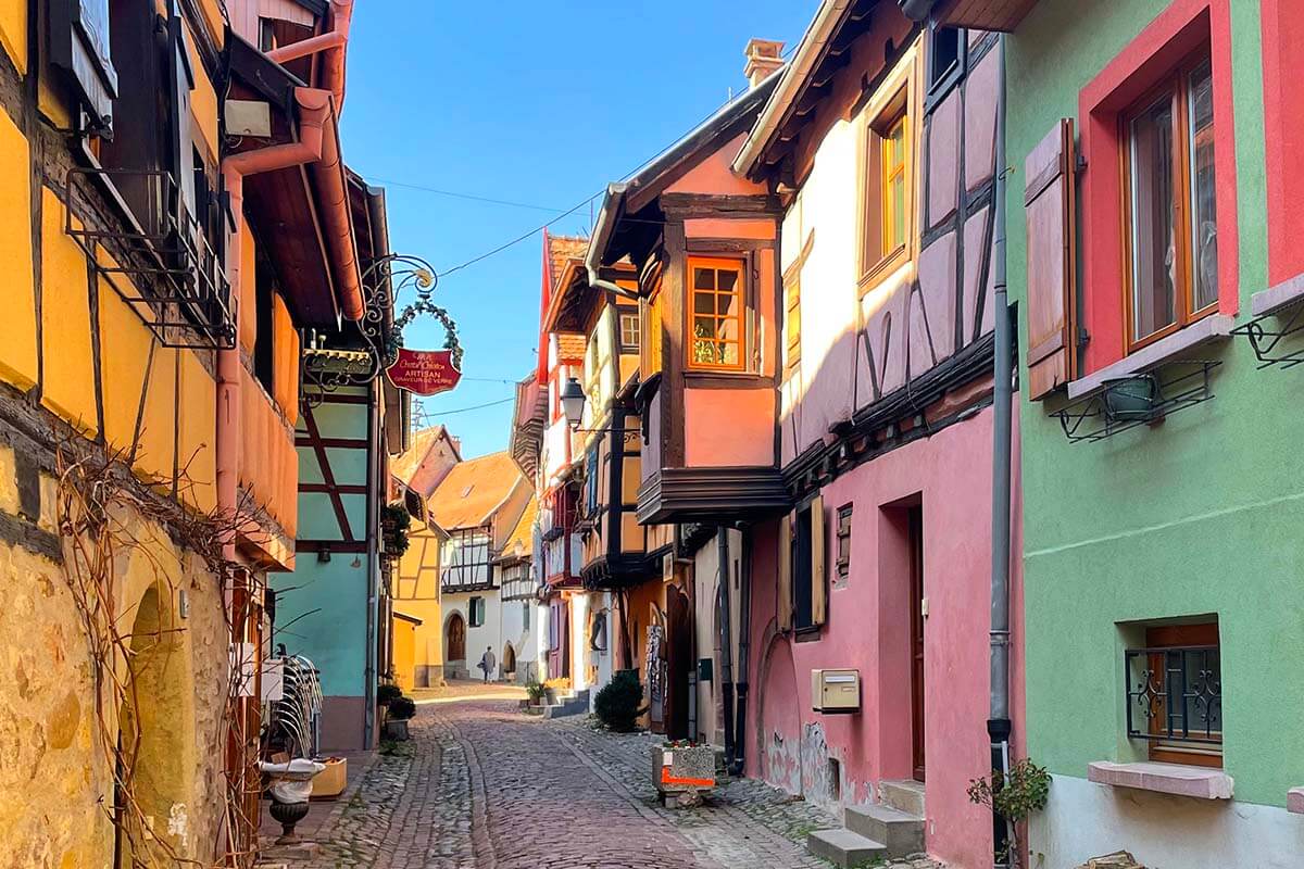 Rue du Rempart medieval street in Eguisheim, France