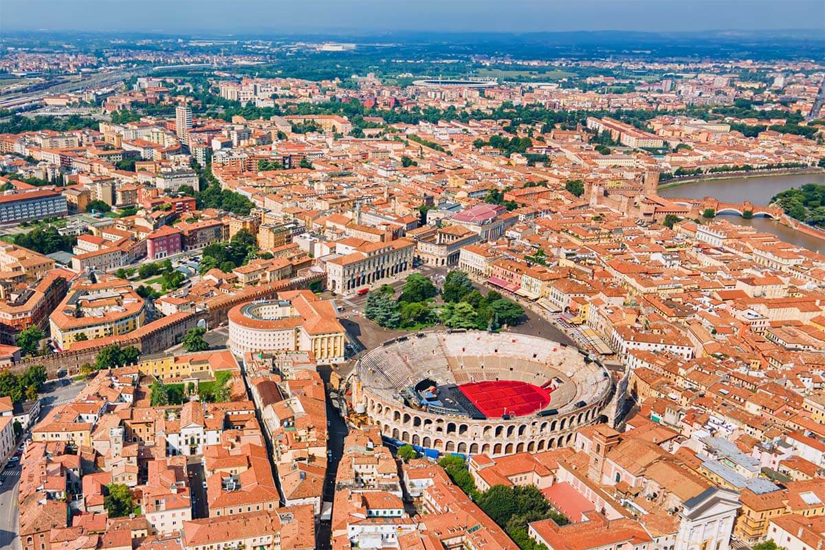 Verona city and arena aerial view