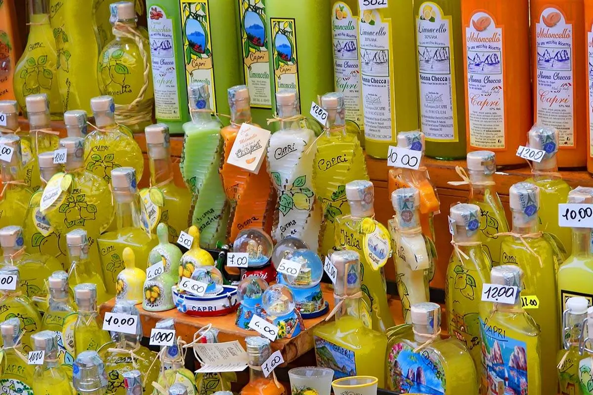 Capri souvenir stand with limoncello and meloncello