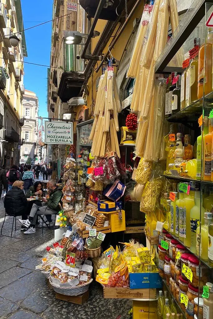 Colorful food store on Spaccanapoli in Naples city center