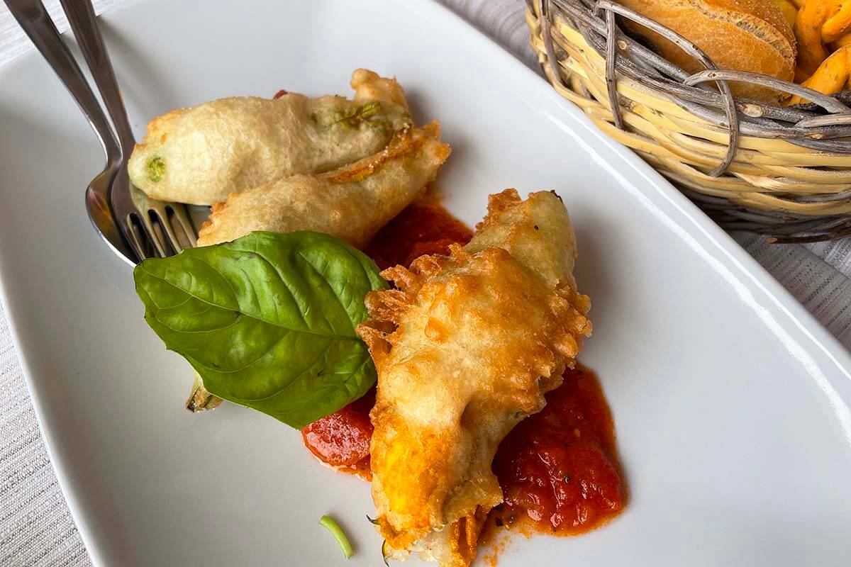 Fried zucchini flowers filled with ricotta cheese at Da Gelsomina Restaurant in Anacapri