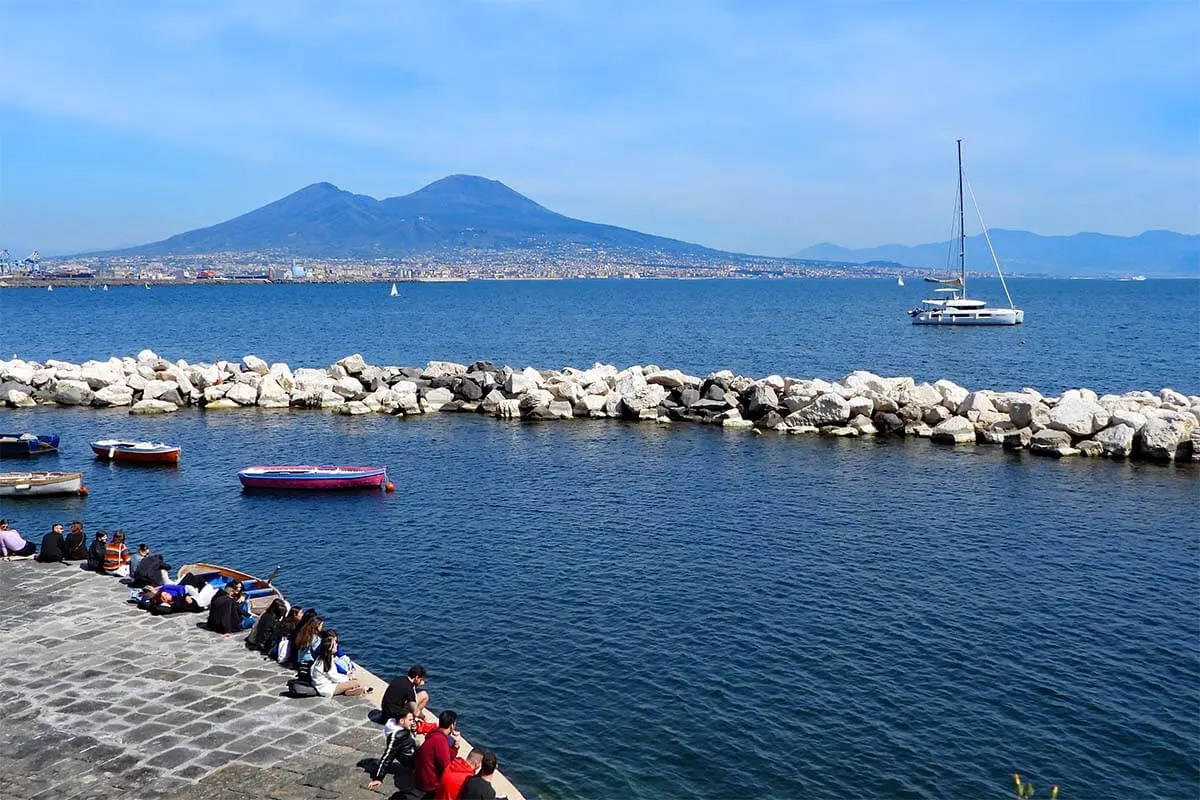 Naples waterfront area with a view on Mt Vesuvius