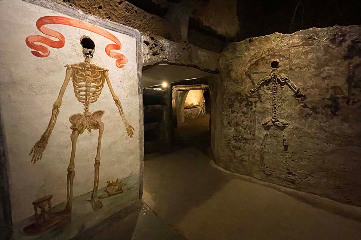 Skeletons at San Gaudioso Catacombs in Naples