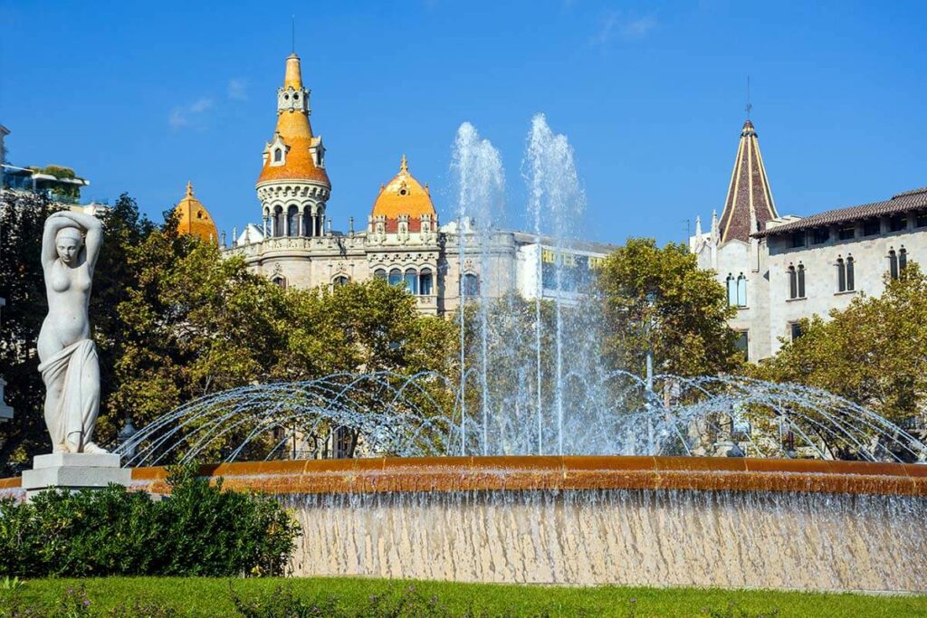 Sculptures and fountains on Plaça de Catalunya in Barcelona