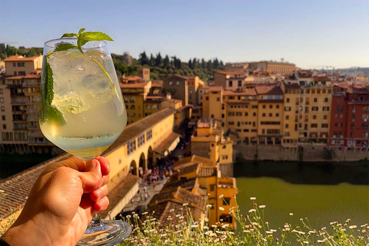 Cocktail at La Terrazza Rooftop Bar with views of Ponte Vecchio in Florence