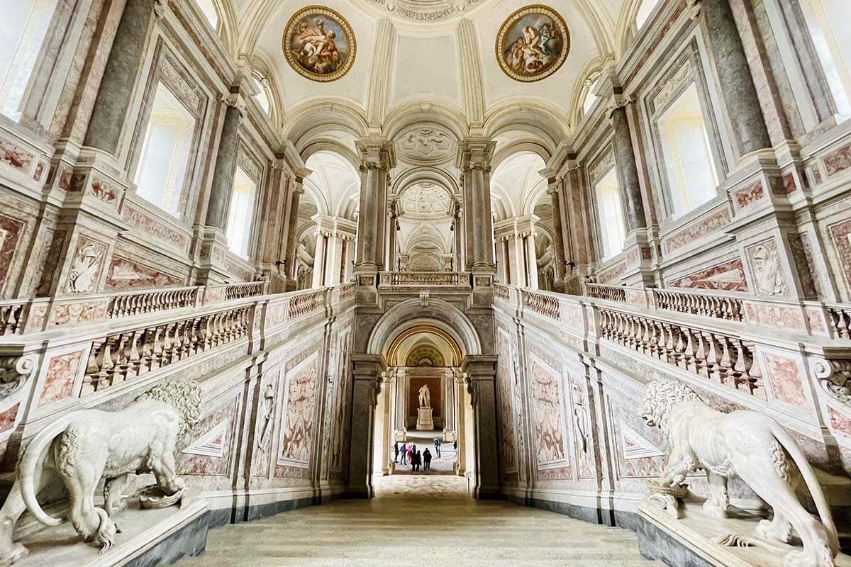 Entrance hall and staircase at the Royal Palace of Caserta near Naples in Italy