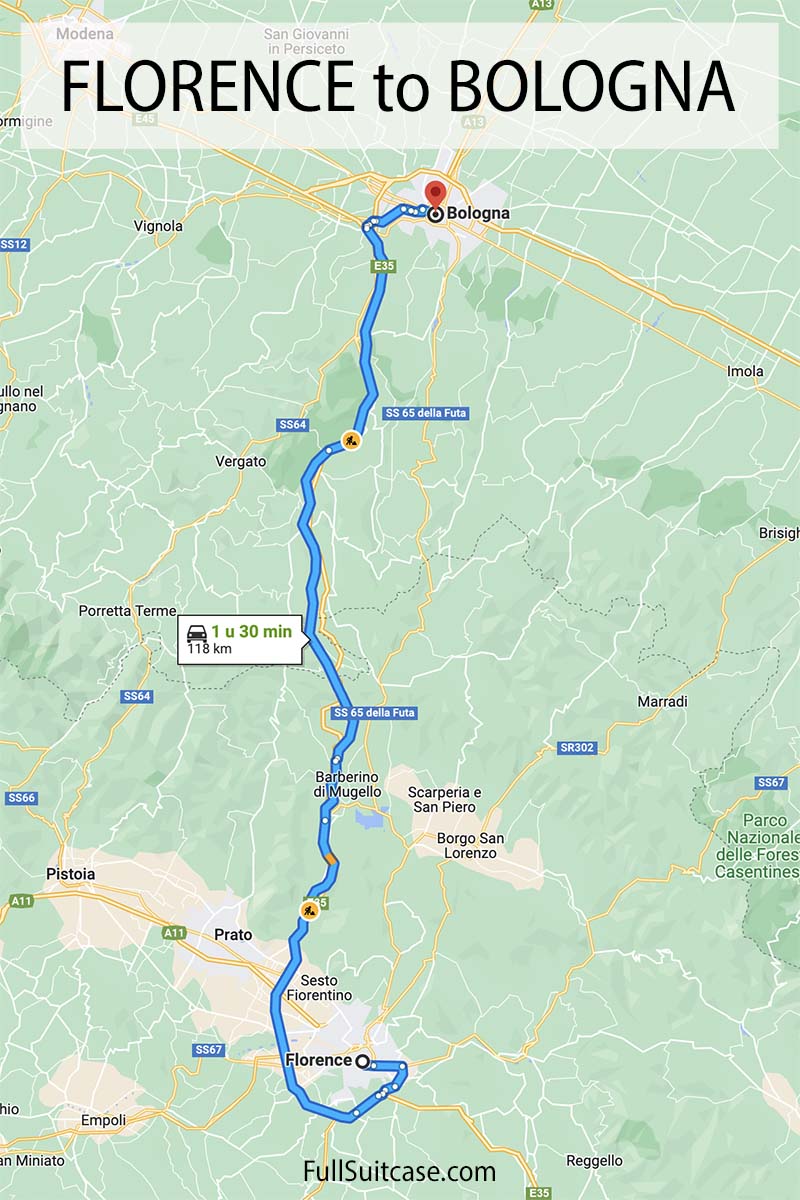 Florence to Bologna map with driving time and distance