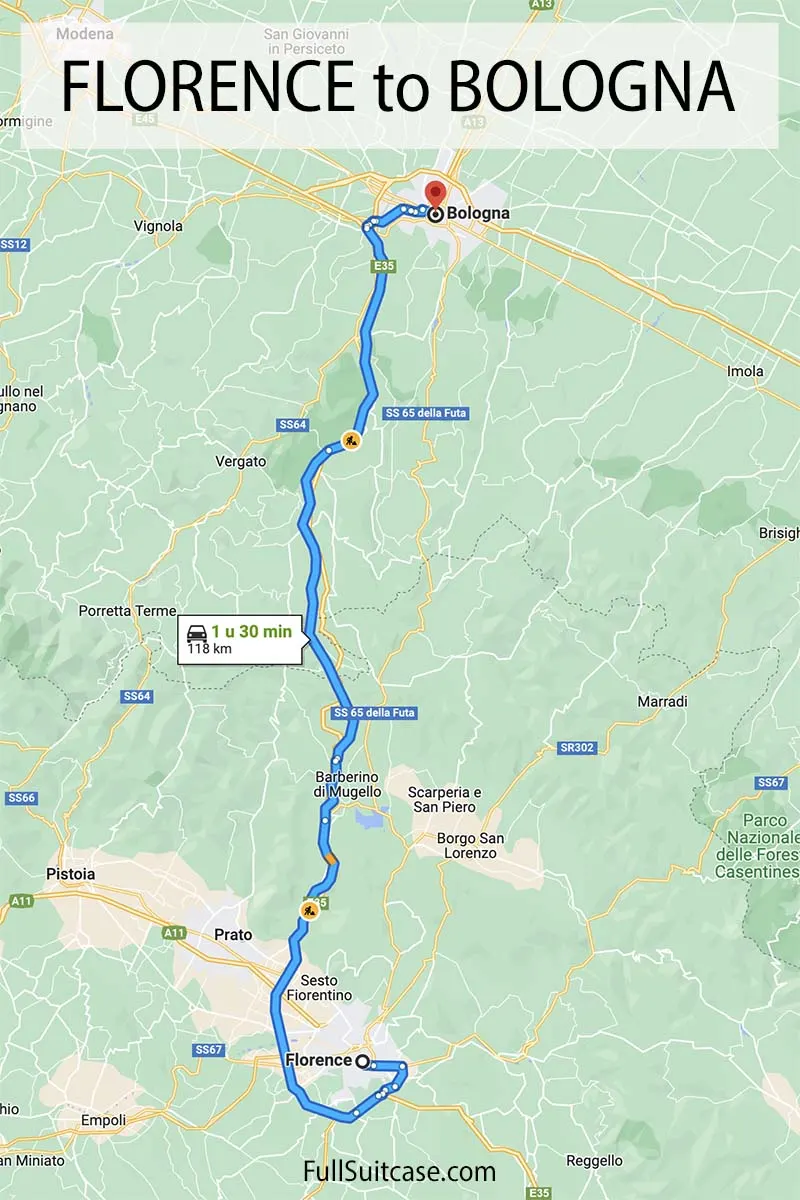 Florence to Bologna map with driving time and distance