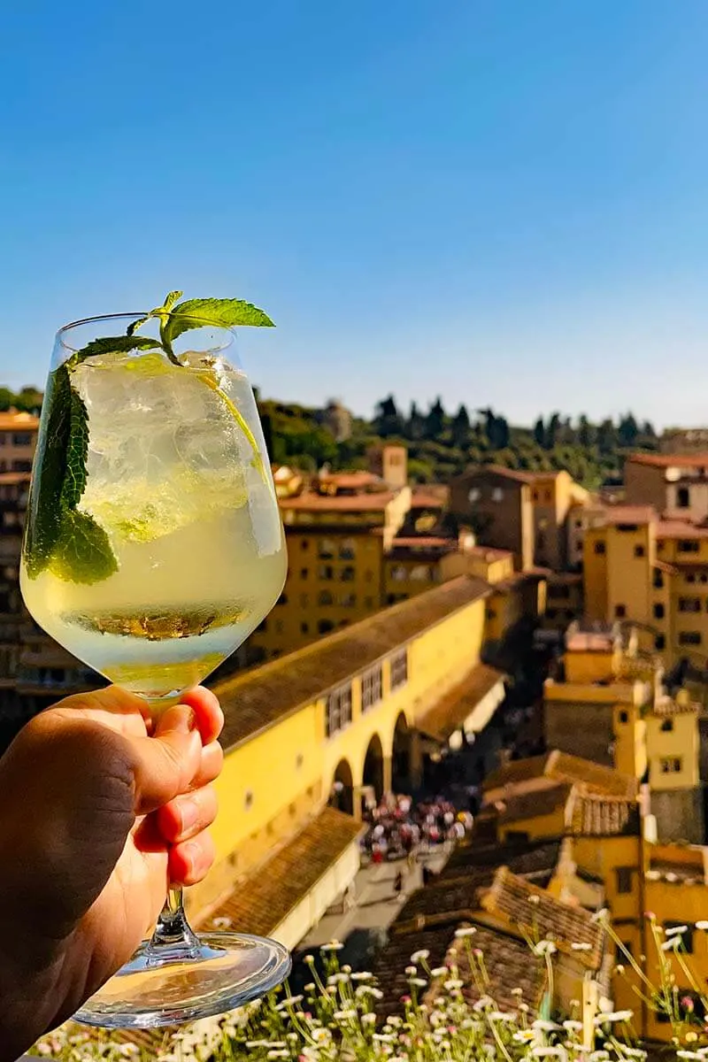 Hugo Spritz cocktail at La Terrazza rooftop bar in Florence Italy