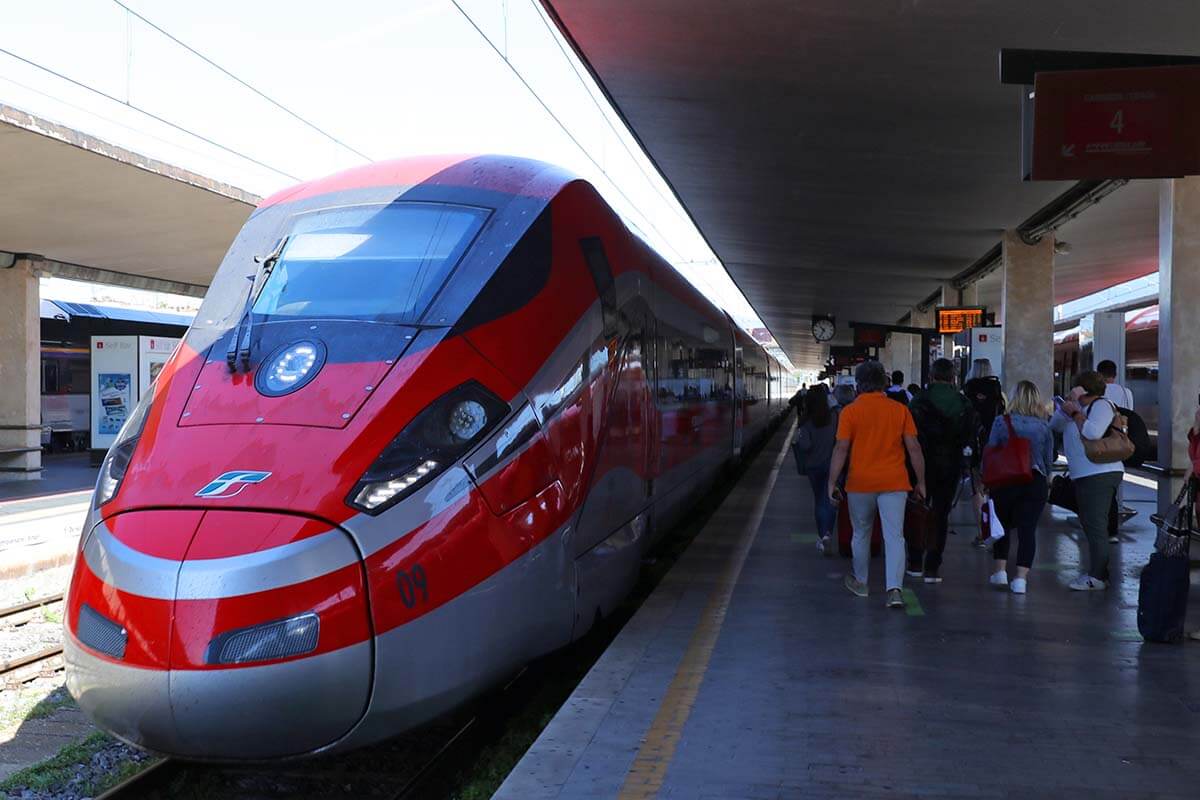 Red high speed train from Florence to Bologna