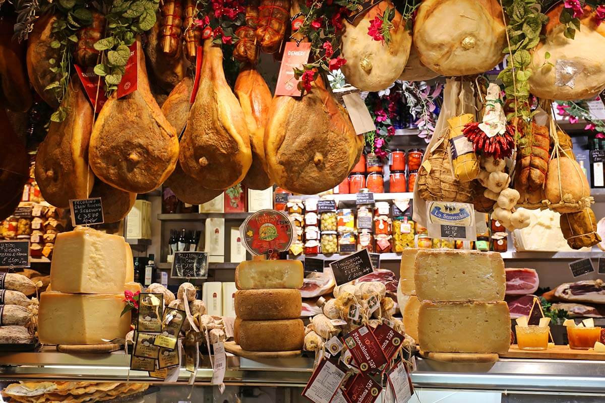Tuscan specialties market stand at Mercato San Lorenzo in Florence