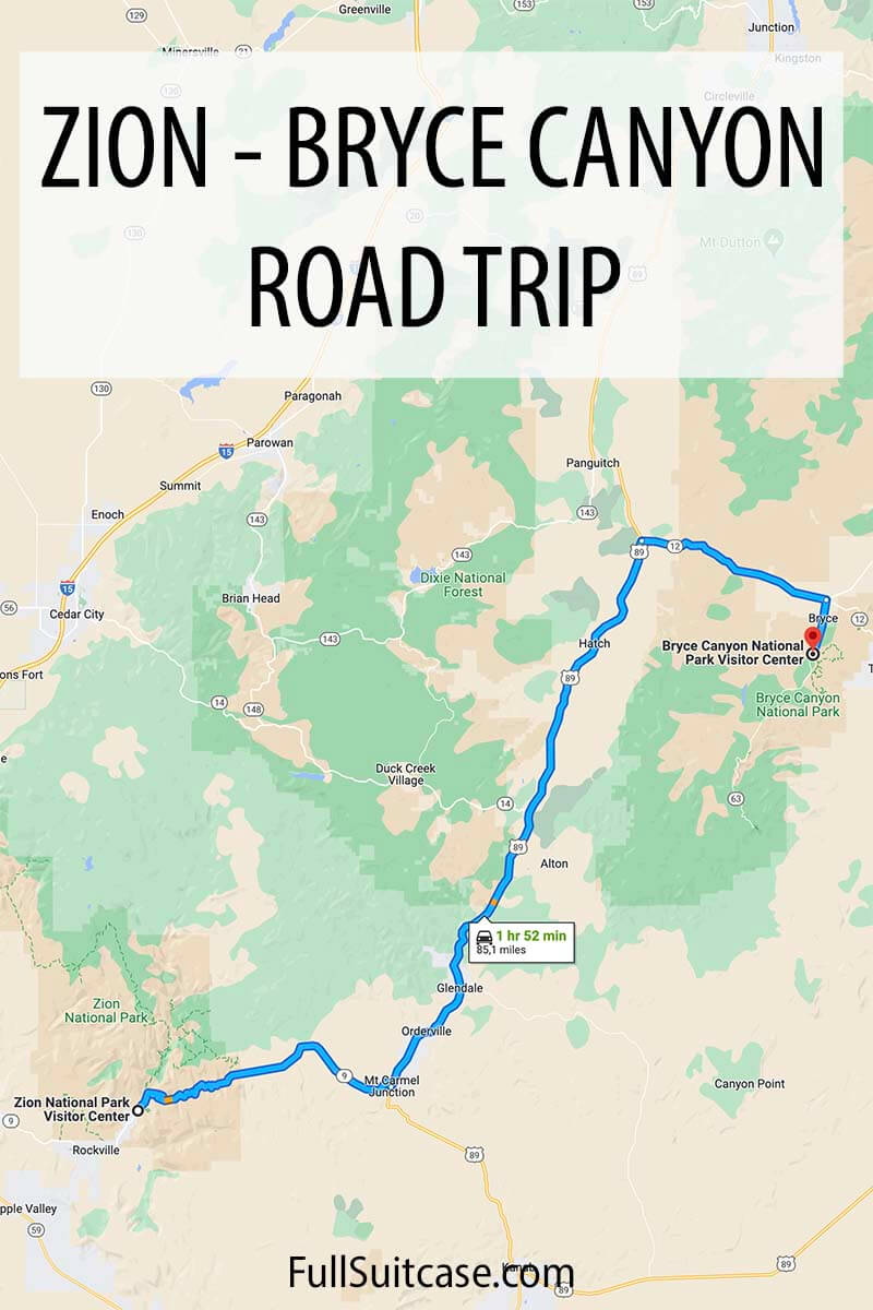 Zion to Bryce Canyon drive map