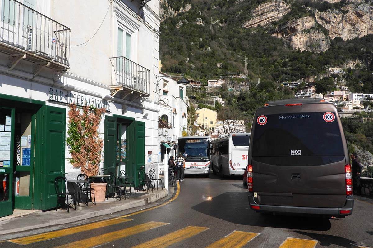 Busy traffic in Positano on the Amalfi Coast, Italy