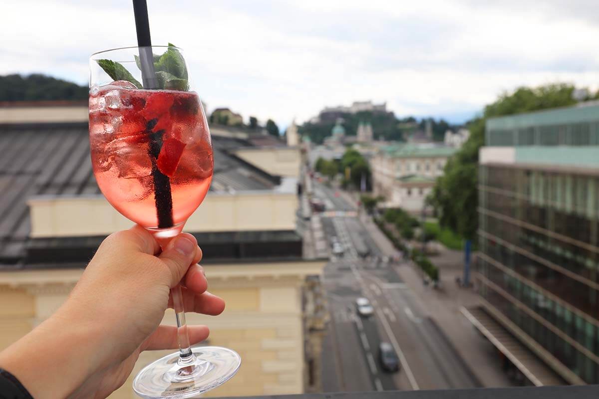 Cocktail on the rooftop terrace of Imlauer Sky Bar in Salzburg