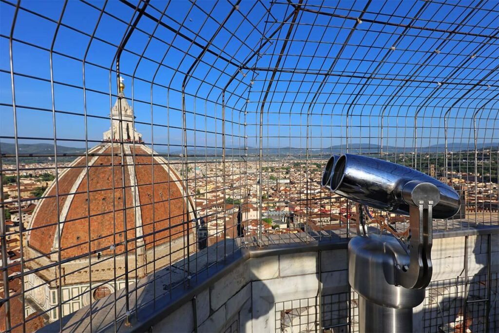 Giotto Bell Tower viewing platform with a view of the Duomo in Florence