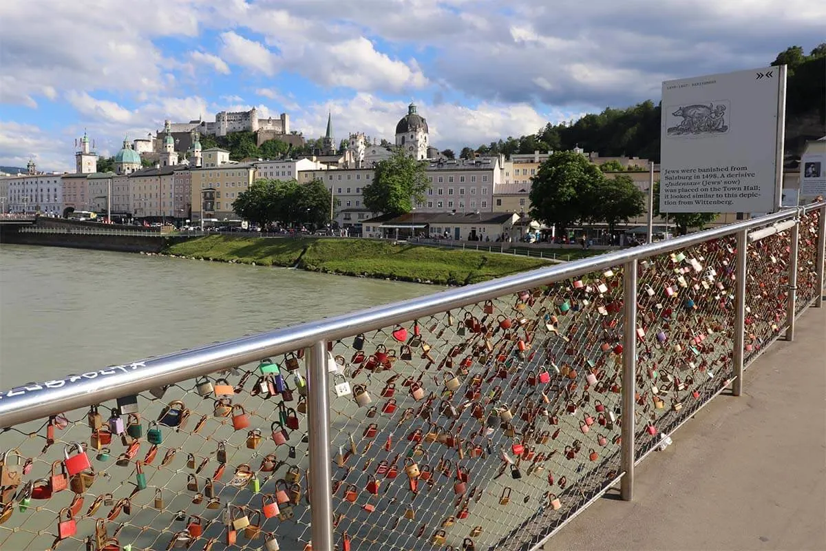 Marko-Feingold-Steg foot bridge and city views in Salzburg Austria
