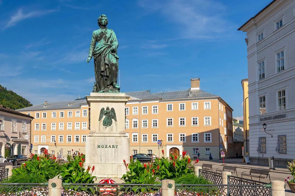 Mozart statue on Mozartplatz town square in Salzburg