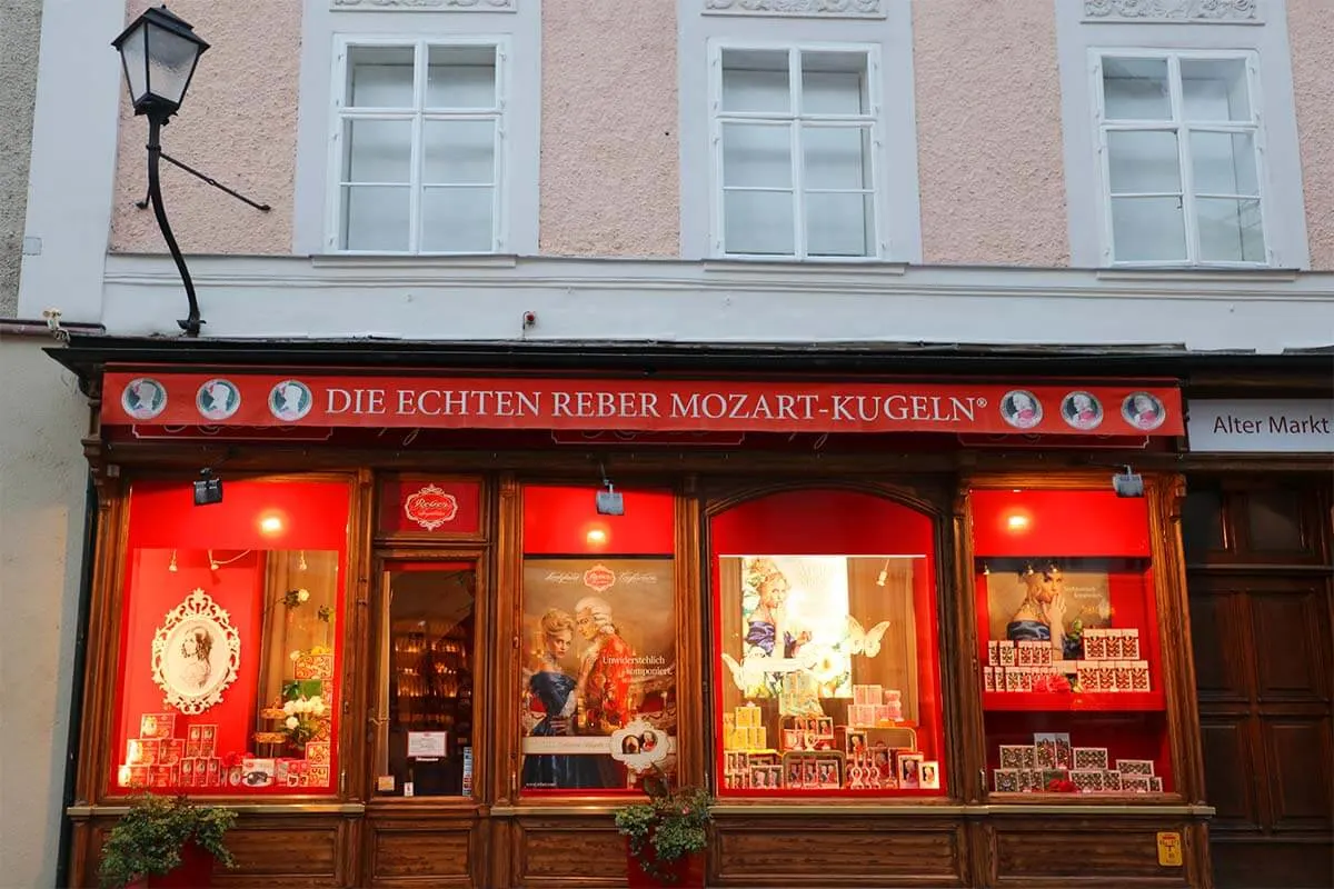 Mozartkugel chocolate store on the Old Market Square in Salzburg